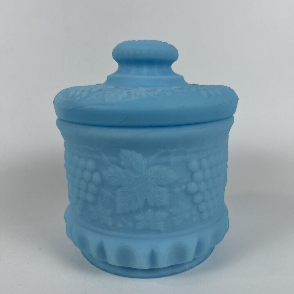 Vintage Fenton Grape & Cable Blue Slag Glass‎ Tobacco Jar With Lid
